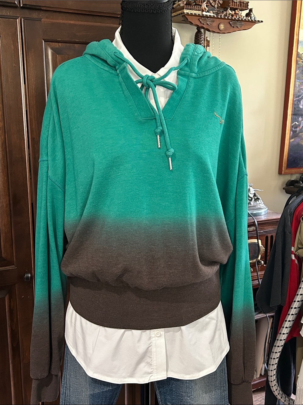Kimes Ranch Sz XL Teal and Grey Ombre Hooded Women's Sweatshirt